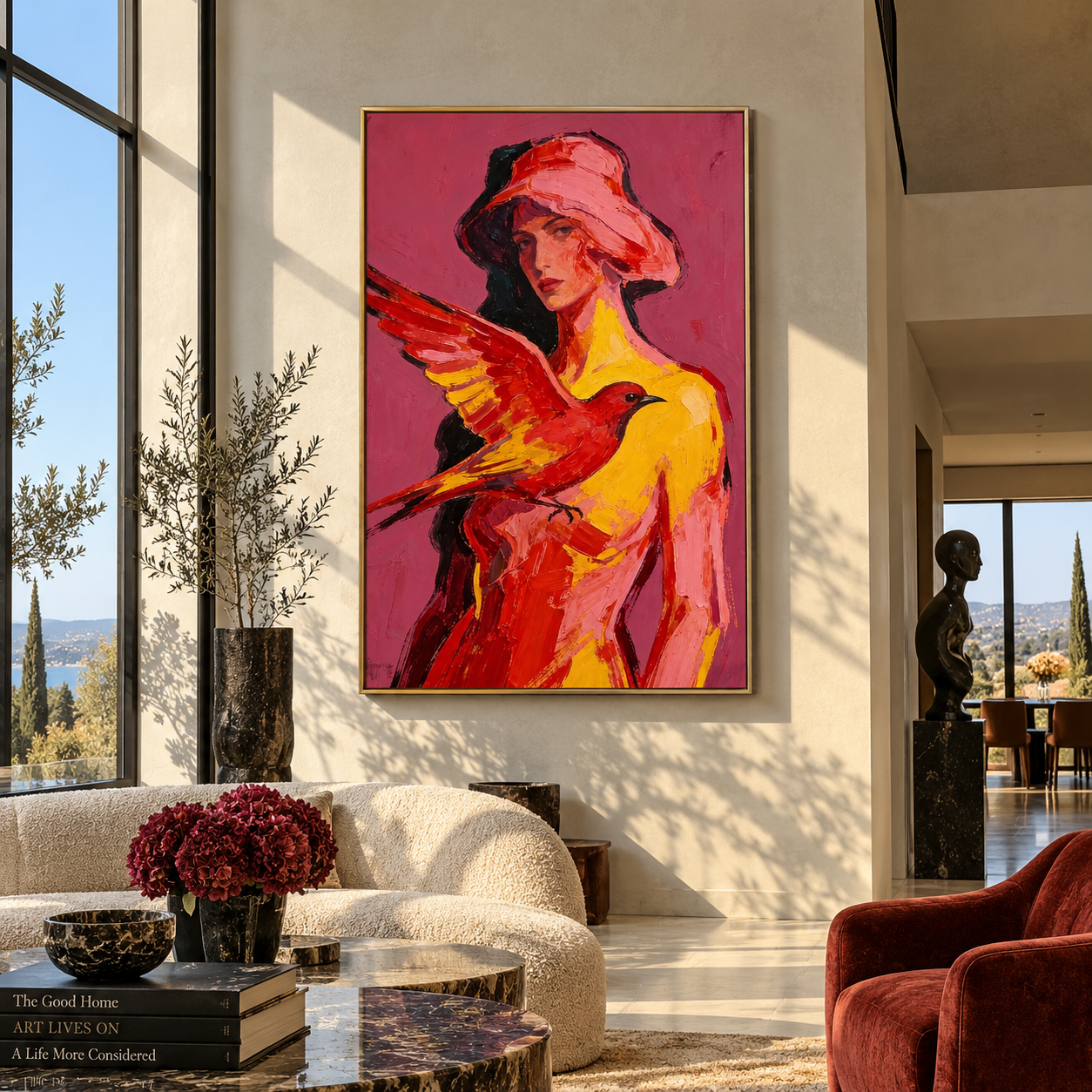 Scarlet Wings Guard Rose - woman and bird portrait by Marcus Lau, retro modern vertical wall art – styled room scene view 5