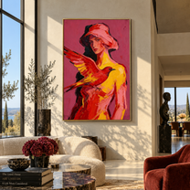 Scarlet Wings Guard Rose - woman and bird portrait by Marcus Lau, retro modern vertical wall art – styled room scene view 5