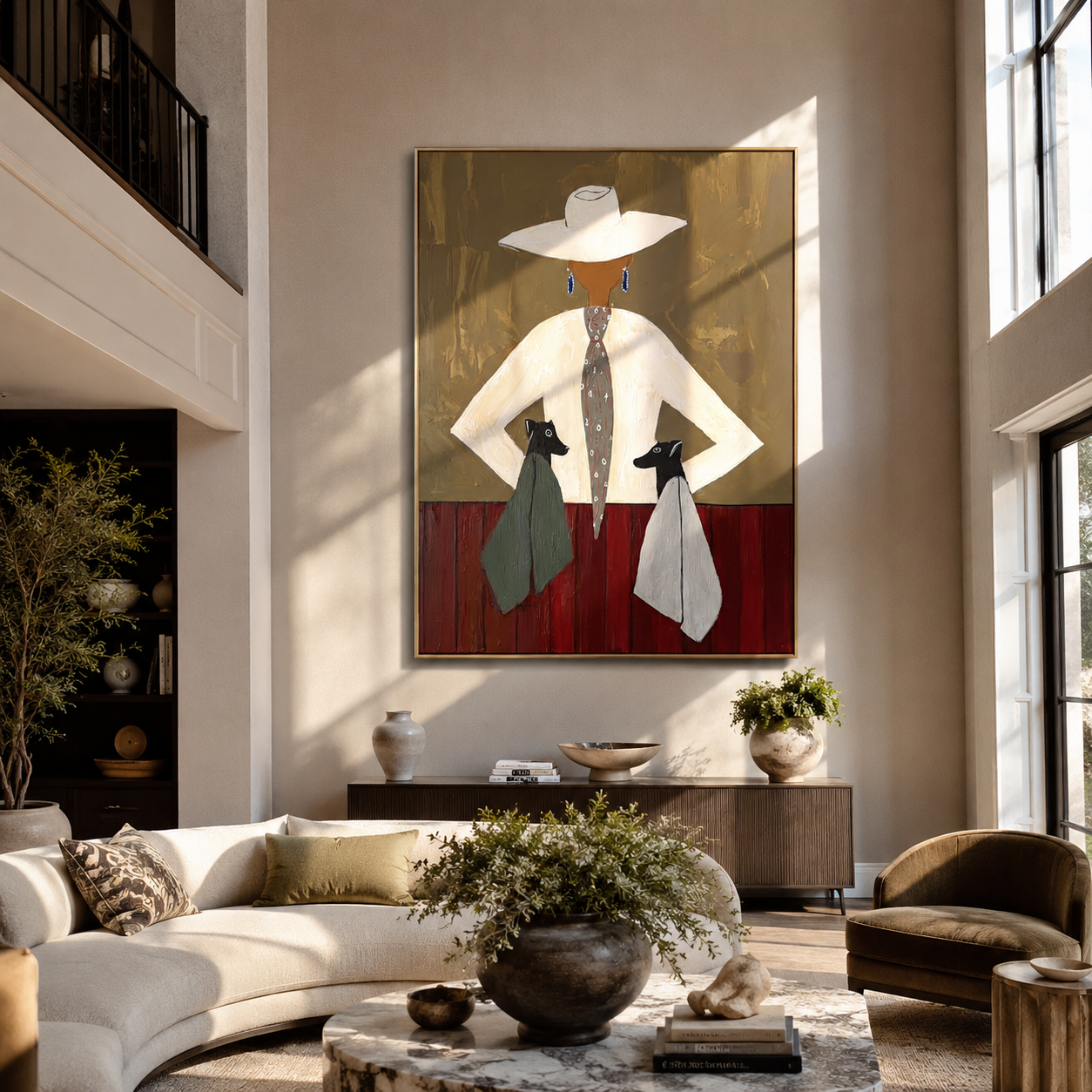 Two Hounds Frame Ivory - woman with two dogs painting by Marcus Lau, retro modern vertical wall art – styled room scene view 1
