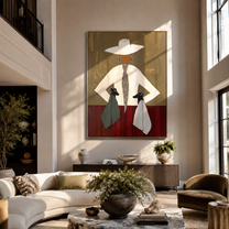 Two Hounds Frame Ivory - woman with two dogs painting by Marcus Lau, retro modern vertical wall art – styled room scene view 1