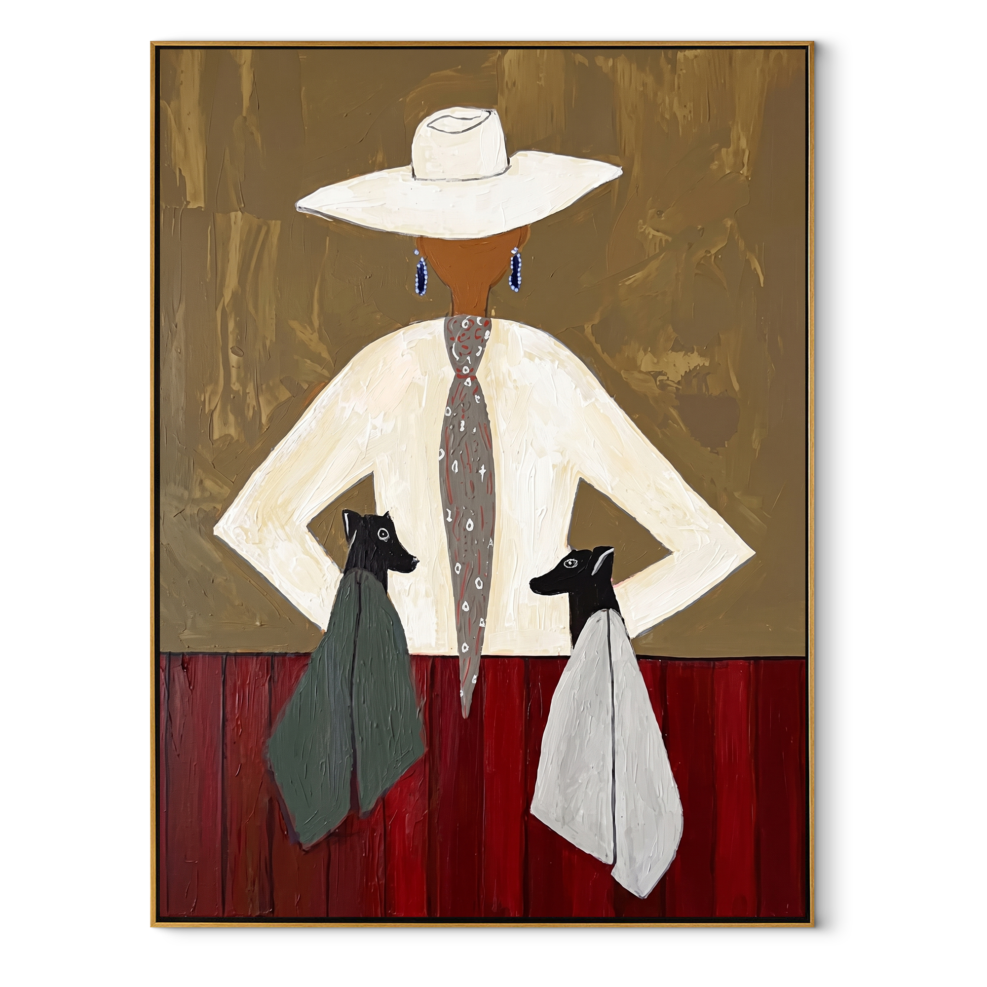 Two Hounds Frame Ivory - woman with two dogs painting by Marcus Lau, retro modern vertical wall art – wood frame on white background