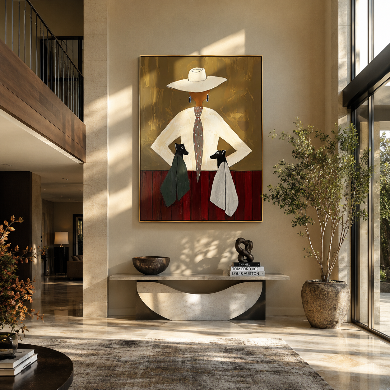 Two Hounds Frame Ivory - woman with two dogs painting by Marcus Lau, retro modern vertical wall art – styled room scene view 2