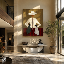 Two Hounds Frame Ivory - woman with two dogs painting by Marcus Lau, retro modern vertical wall art – styled room scene view 2