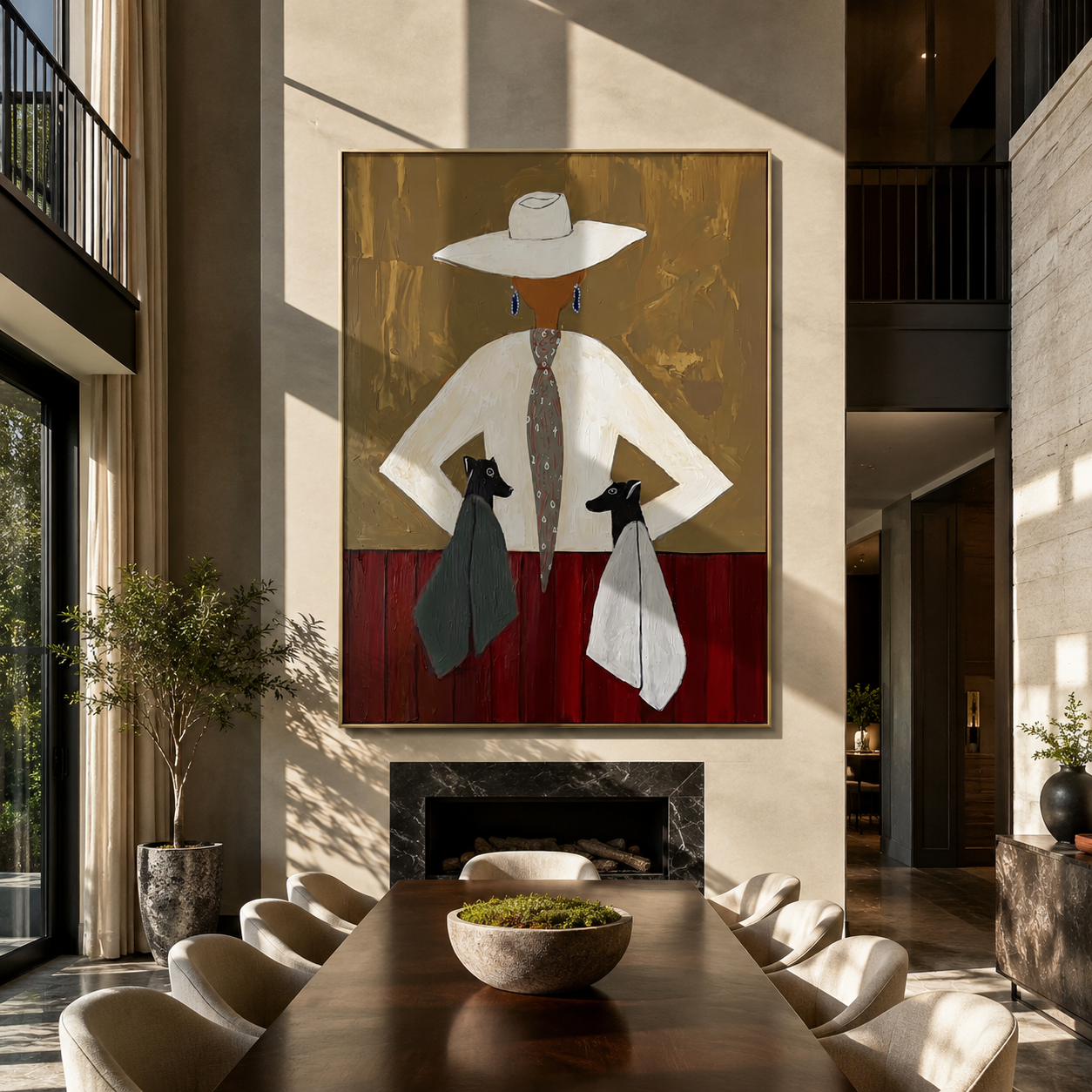 Two Hounds Frame Ivory - woman with two dogs painting by Marcus Lau, retro modern vertical wall art – styled room scene view 3