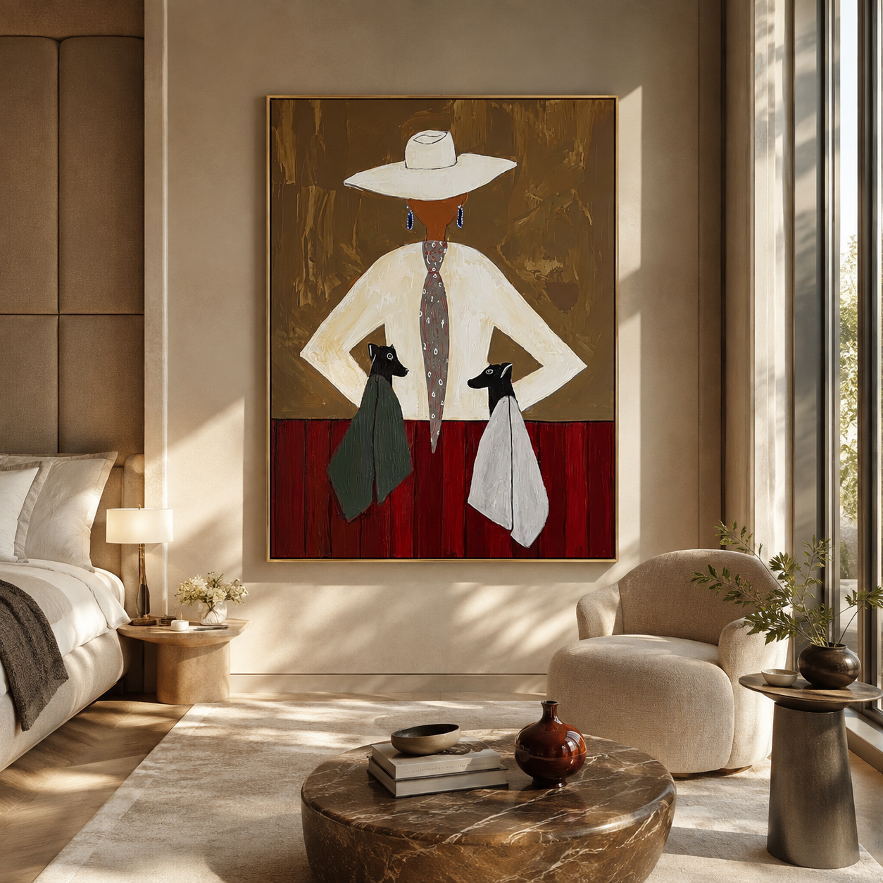 Two Hounds Frame Ivory - woman with two dogs painting by Marcus Lau, retro modern vertical wall art – styled room scene view 4