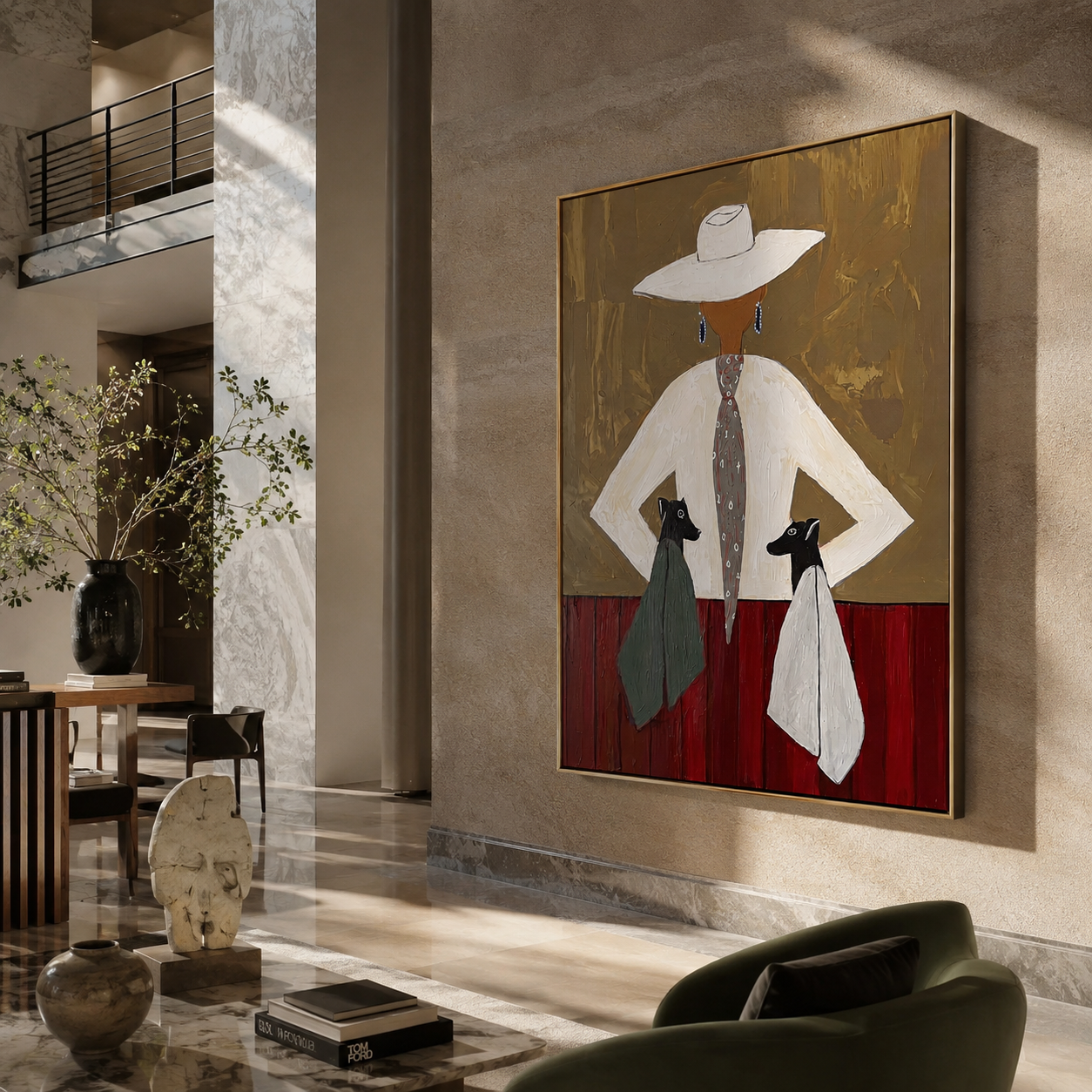 Two Hounds Frame Ivory - woman with two dogs painting by Marcus Lau, retro modern vertical wall art – styled room scene view 5
