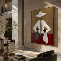 Two Hounds Frame Ivory - woman with two dogs painting by Marcus Lau, retro modern vertical wall art – styled room scene view 5