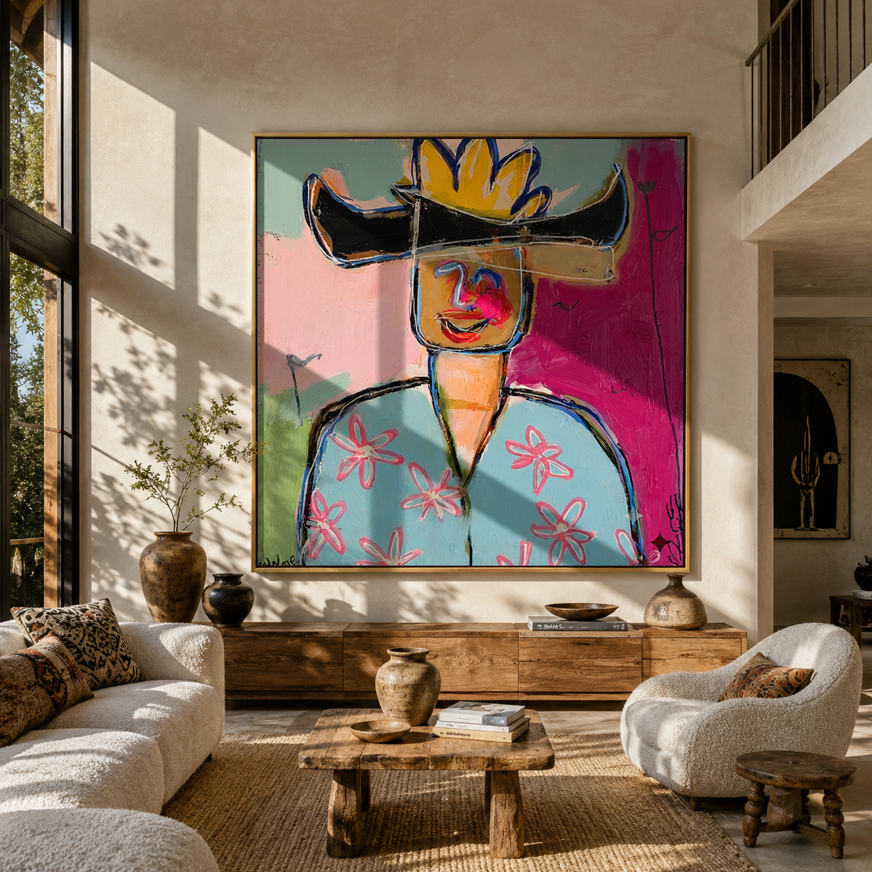 Black Brim Splits Color - colorful cowboy portrait painting by Marcus Lau, retro modern square wall art – styled room scene view 1
