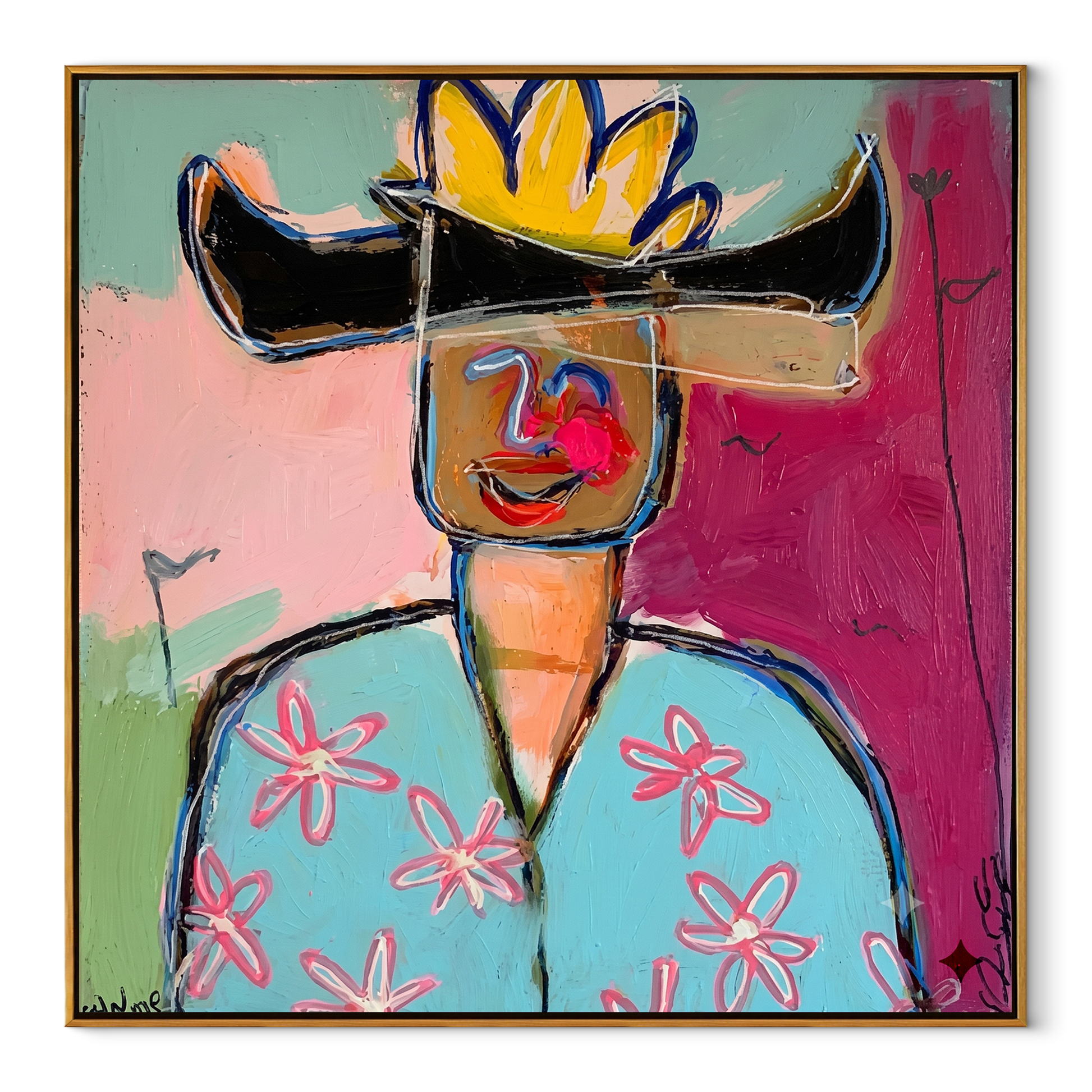 Black Brim Splits Color - colorful cowboy portrait painting by Marcus Lau, retro modern square wall art – wood frame on white background