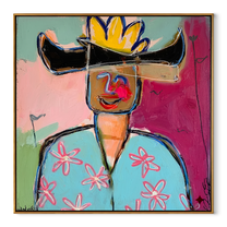 Black Brim Splits Color - colorful cowboy portrait painting by Marcus Lau, retro modern square wall art – wood frame on white background