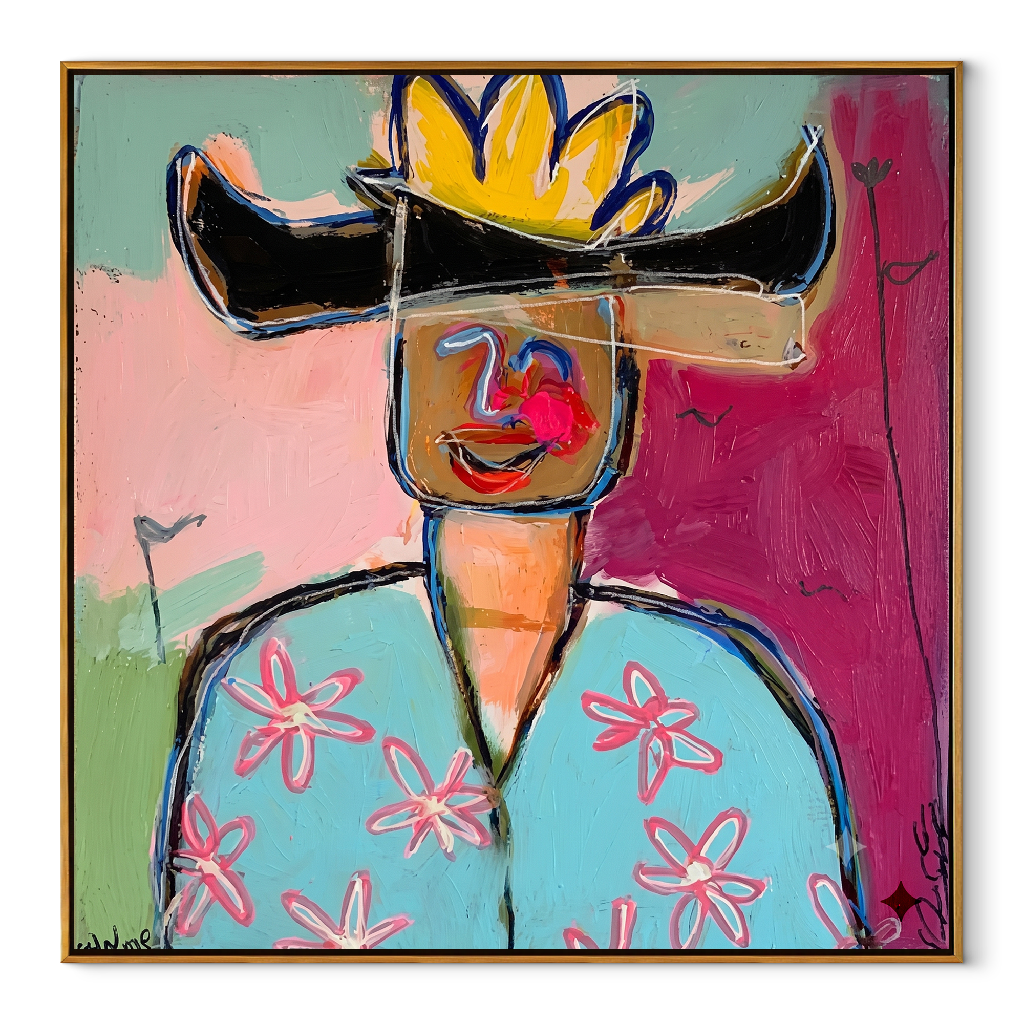 Black Brim Splits Color - colorful cowboy portrait painting by Marcus Lau, retro modern square wall art – wood frame on white background