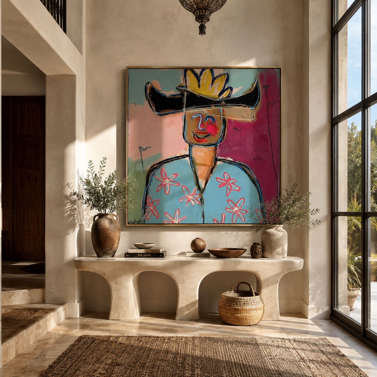 Black Brim Splits Color - colorful cowboy portrait painting by Marcus Lau, retro modern square wall art – styled room scene view 2