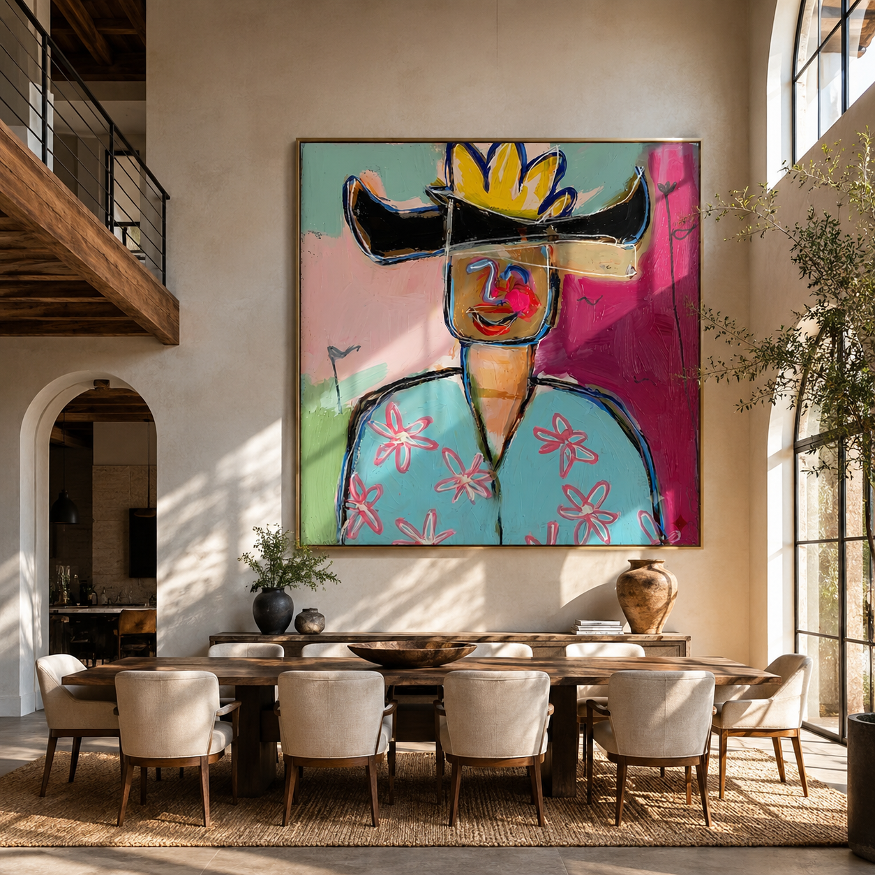 Black Brim Splits Color - colorful cowboy portrait painting by Marcus Lau, retro modern square wall art – styled room scene view 3