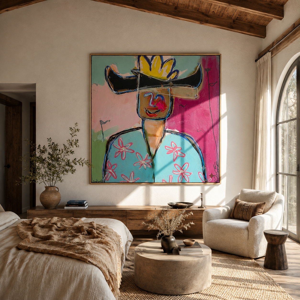Black Brim Splits Color - colorful cowboy portrait painting by Marcus Lau, retro modern square wall art – styled room scene view 4
