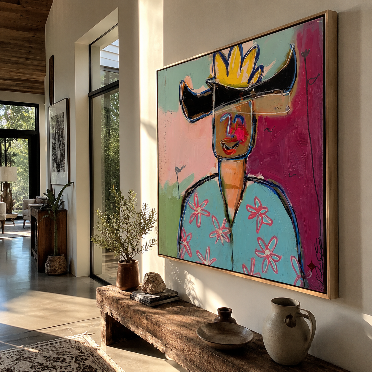 Black Brim Splits Color - colorful cowboy portrait painting by Marcus Lau, retro modern square wall art – styled room scene view 5