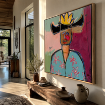 Black Brim Splits Color - colorful cowboy portrait painting by Marcus Lau, retro modern square wall art – styled room scene view 5
