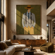 Olive Field Holds Tailoring - gentleman suit portrait painting by Marcus Lau, retro modern vertical wall art – styled room scene view 1