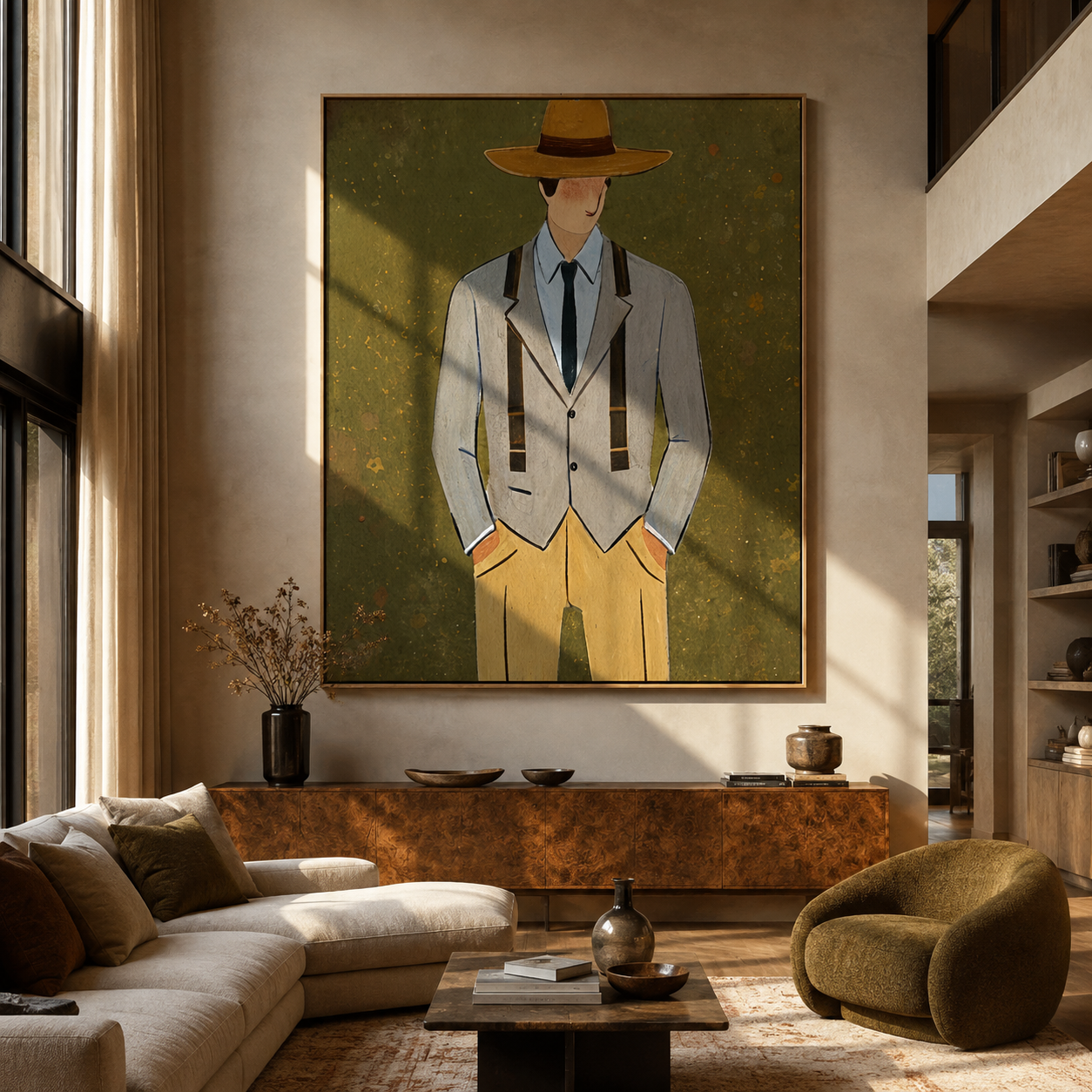 Olive Field Holds Tailoring - gentleman suit portrait painting by Marcus Lau, retro modern vertical wall art – styled room scene view 1