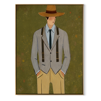 Olive Field Holds Tailoring - gentleman suit portrait painting by Marcus Lau, retro modern vertical wall art – wood frame on white background