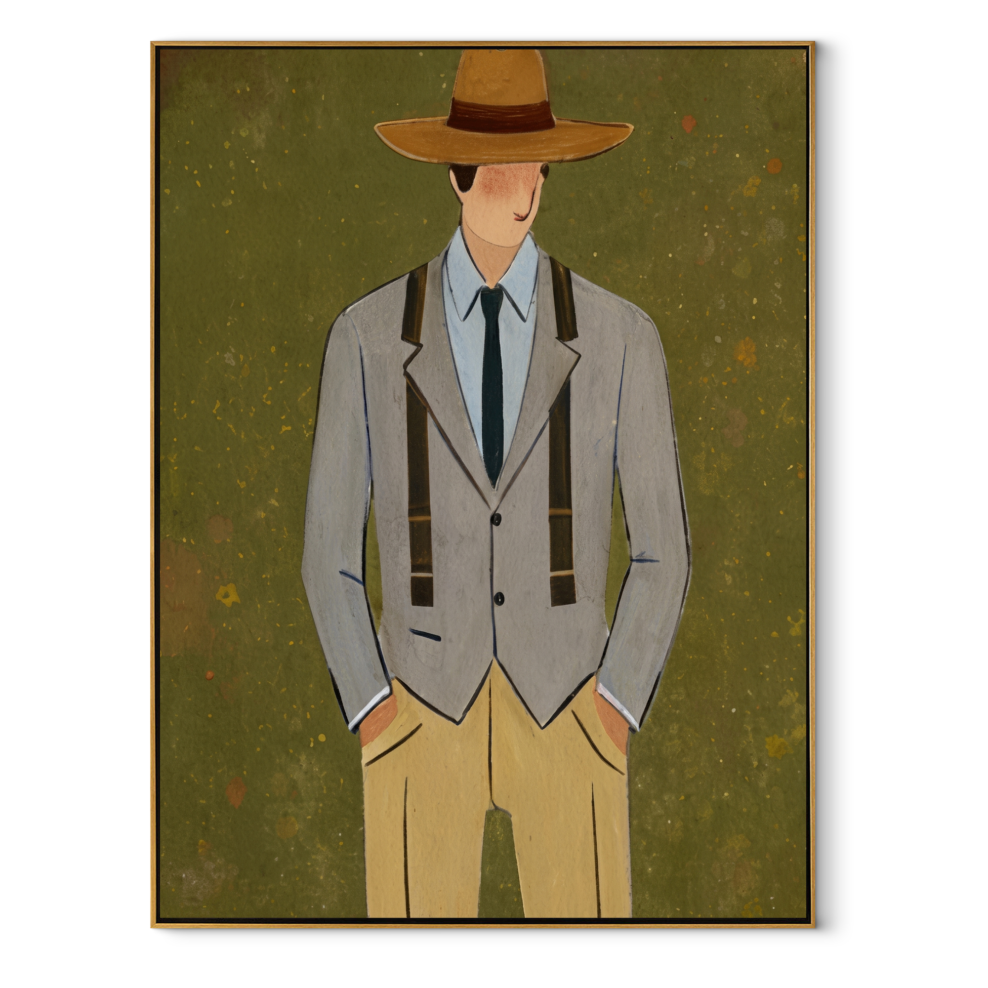 Olive Field Holds Tailoring - gentleman suit portrait painting by Marcus Lau, retro modern vertical wall art – wood frame on white background