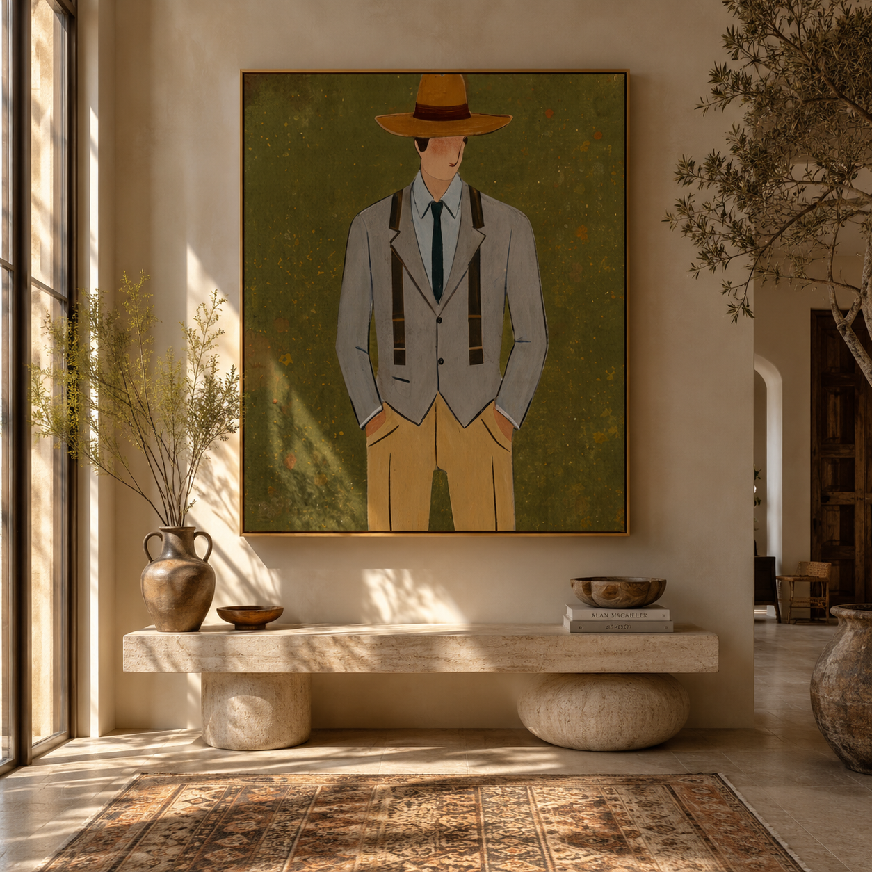 Olive Field Holds Tailoring - gentleman suit portrait painting by Marcus Lau, retro modern vertical wall art – styled room scene view 2
