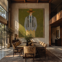 Olive Field Holds Tailoring - gentleman suit portrait painting by Marcus Lau, retro modern vertical wall art – styled room scene view 3