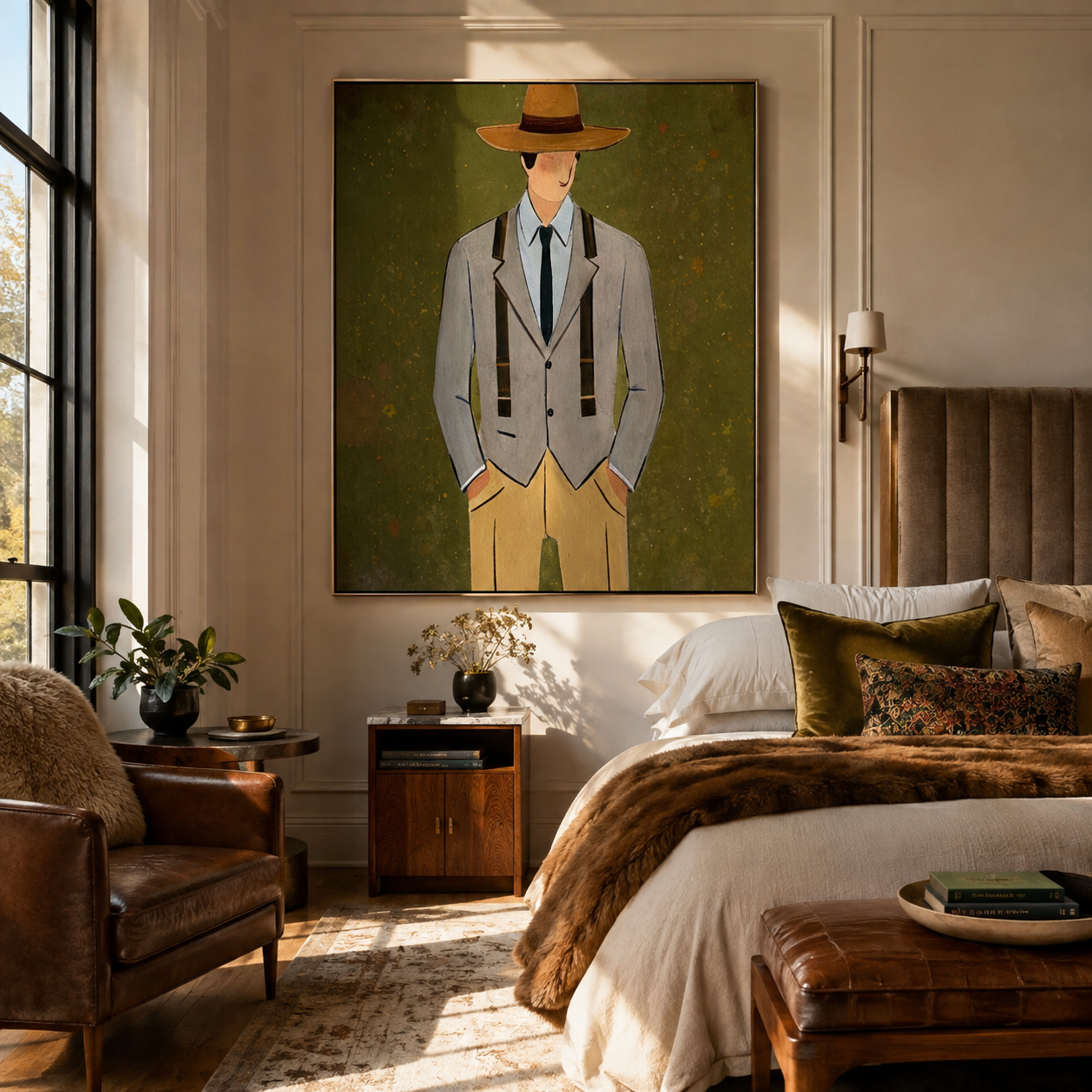 Olive Field Holds Tailoring - gentleman suit portrait painting by Marcus Lau, retro modern vertical wall art – styled room scene view 4