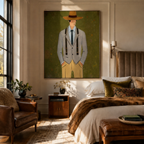 Olive Field Holds Tailoring - gentleman suit portrait painting by Marcus Lau, retro modern vertical wall art – styled room scene view 4