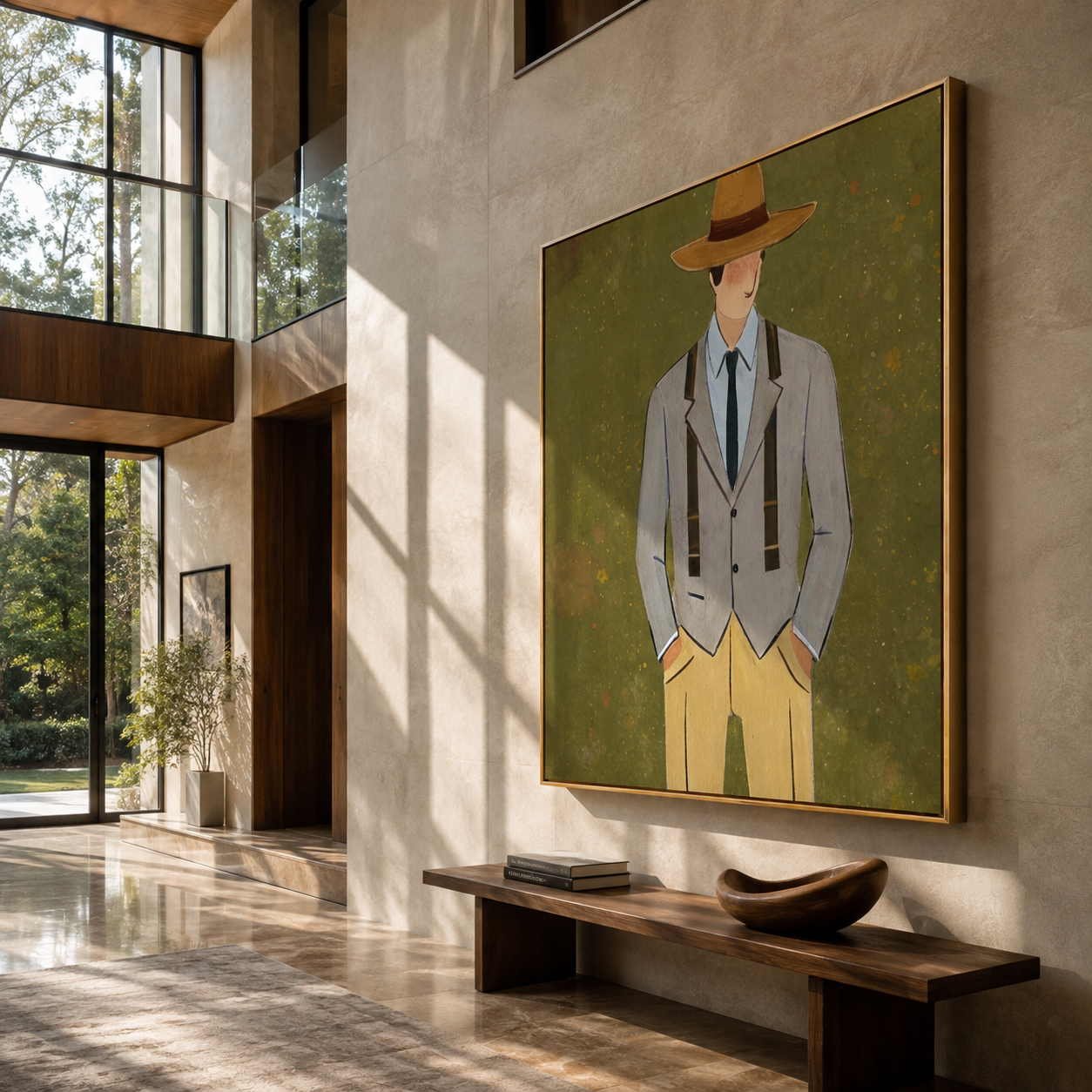 Olive Field Holds Tailoring - gentleman suit portrait painting by Marcus Lau, retro modern vertical wall art – styled room scene view 5