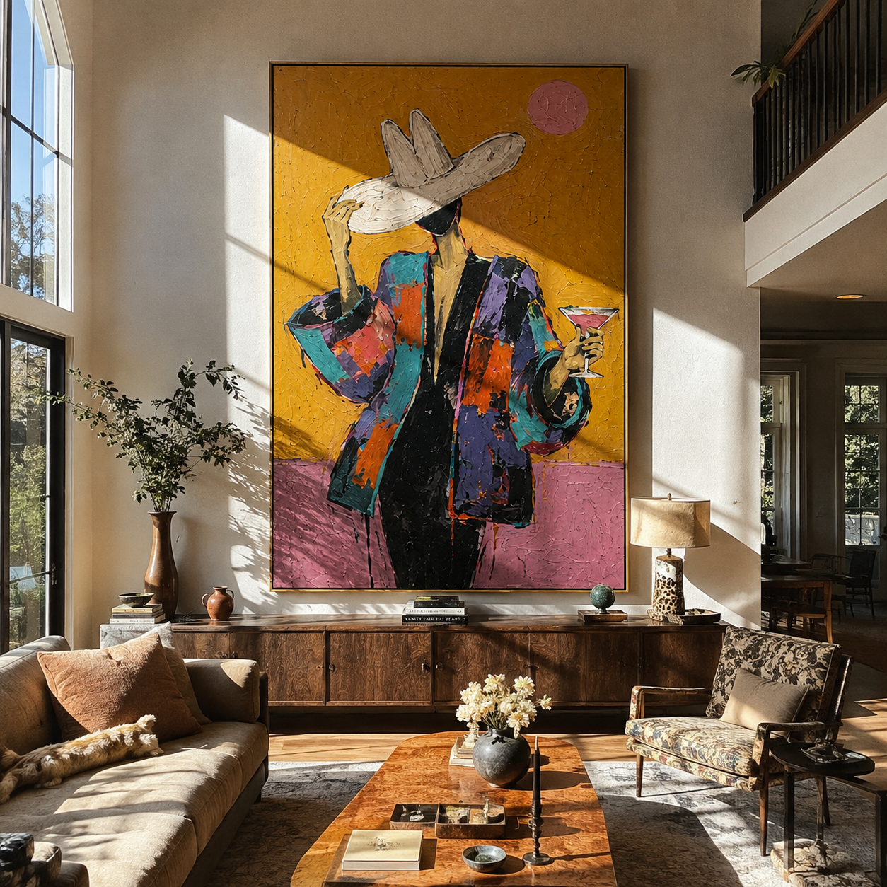White Hat Raises Glass - colorful woman cocktail painting by Marcus Lau, retro modern vertical wall art – styled room scene view 1