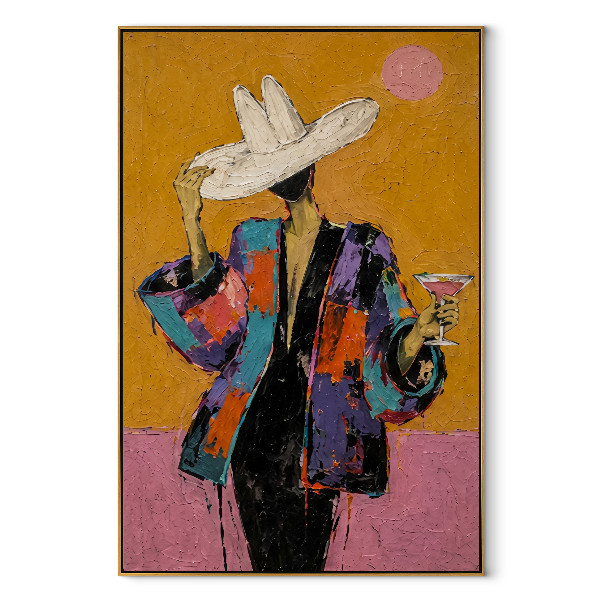 White Hat Raises Glass - colorful woman cocktail painting by Marcus Lau, retro modern vertical wall art – wood frame on white background