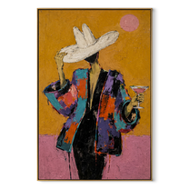 White Hat Raises Glass - colorful woman cocktail painting by Marcus Lau, retro modern vertical wall art – wood frame on white background