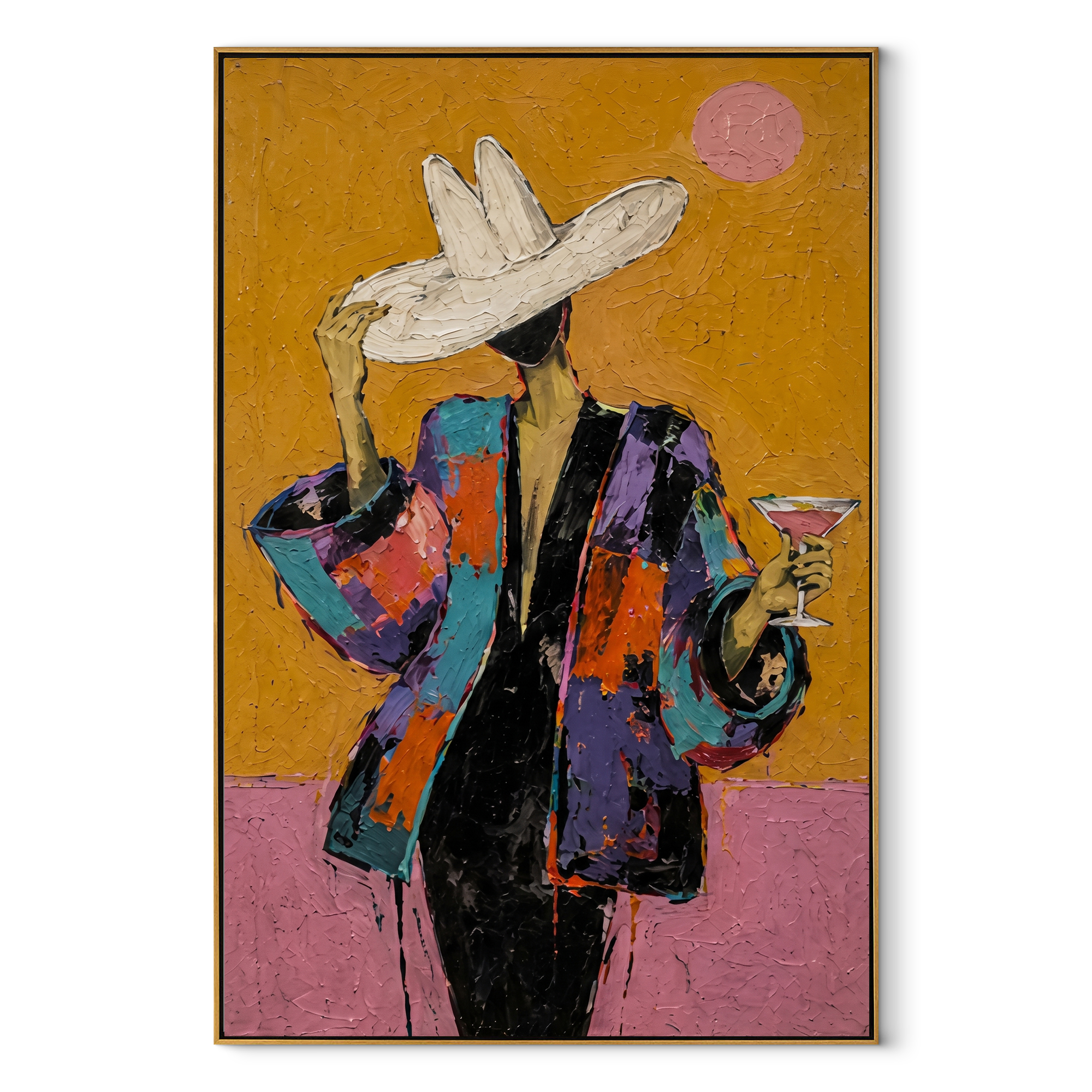 White Hat Raises Glass - colorful woman cocktail painting by Marcus Lau, retro modern vertical wall art – wood frame on white background