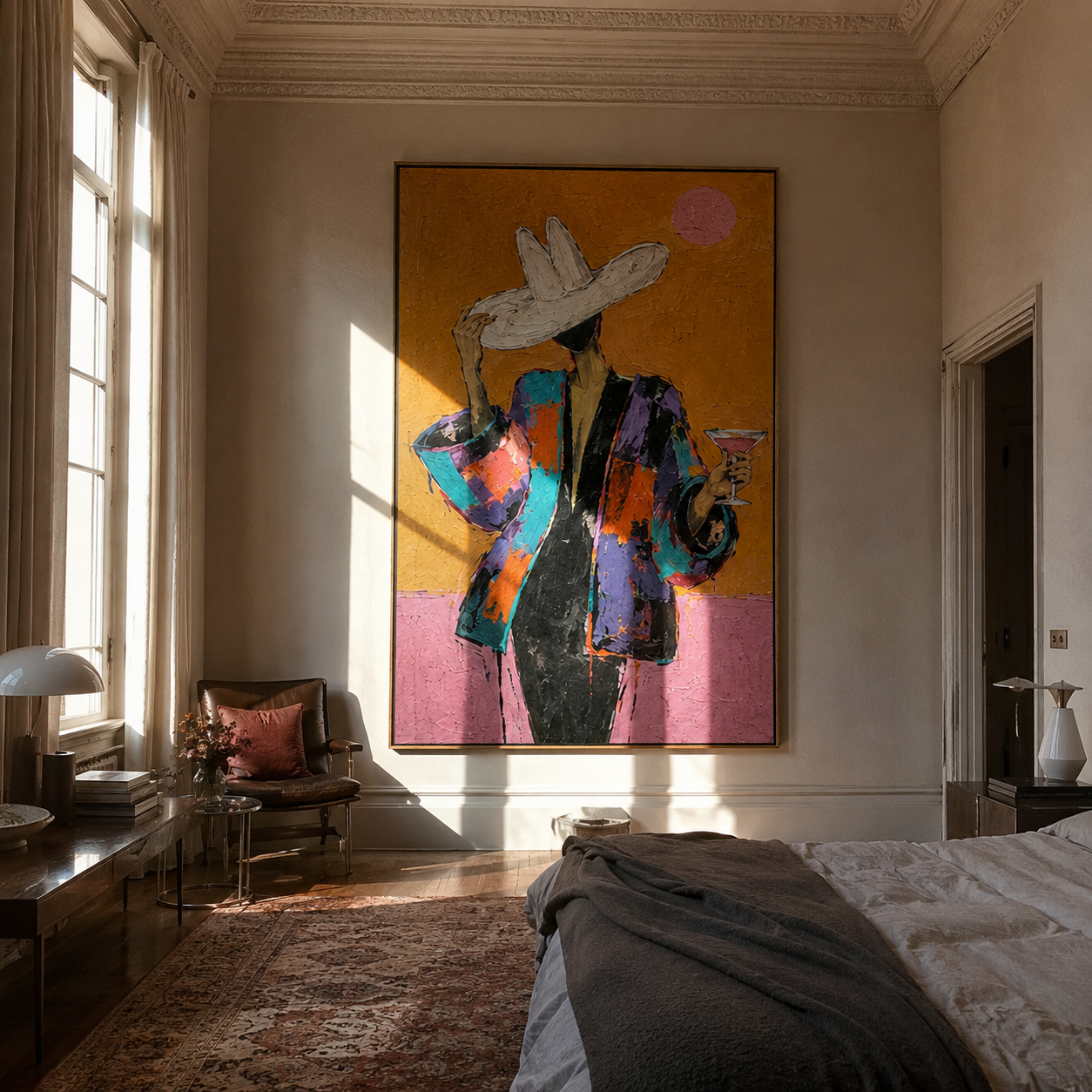 White Hat Raises Glass - colorful woman cocktail painting by Marcus Lau, retro modern vertical wall art – styled room scene view 2