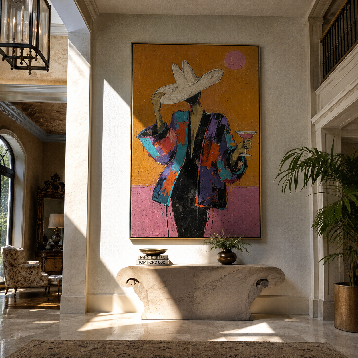 White Hat Raises Glass - colorful woman cocktail painting by Marcus Lau, retro modern vertical wall art – styled room scene view 3