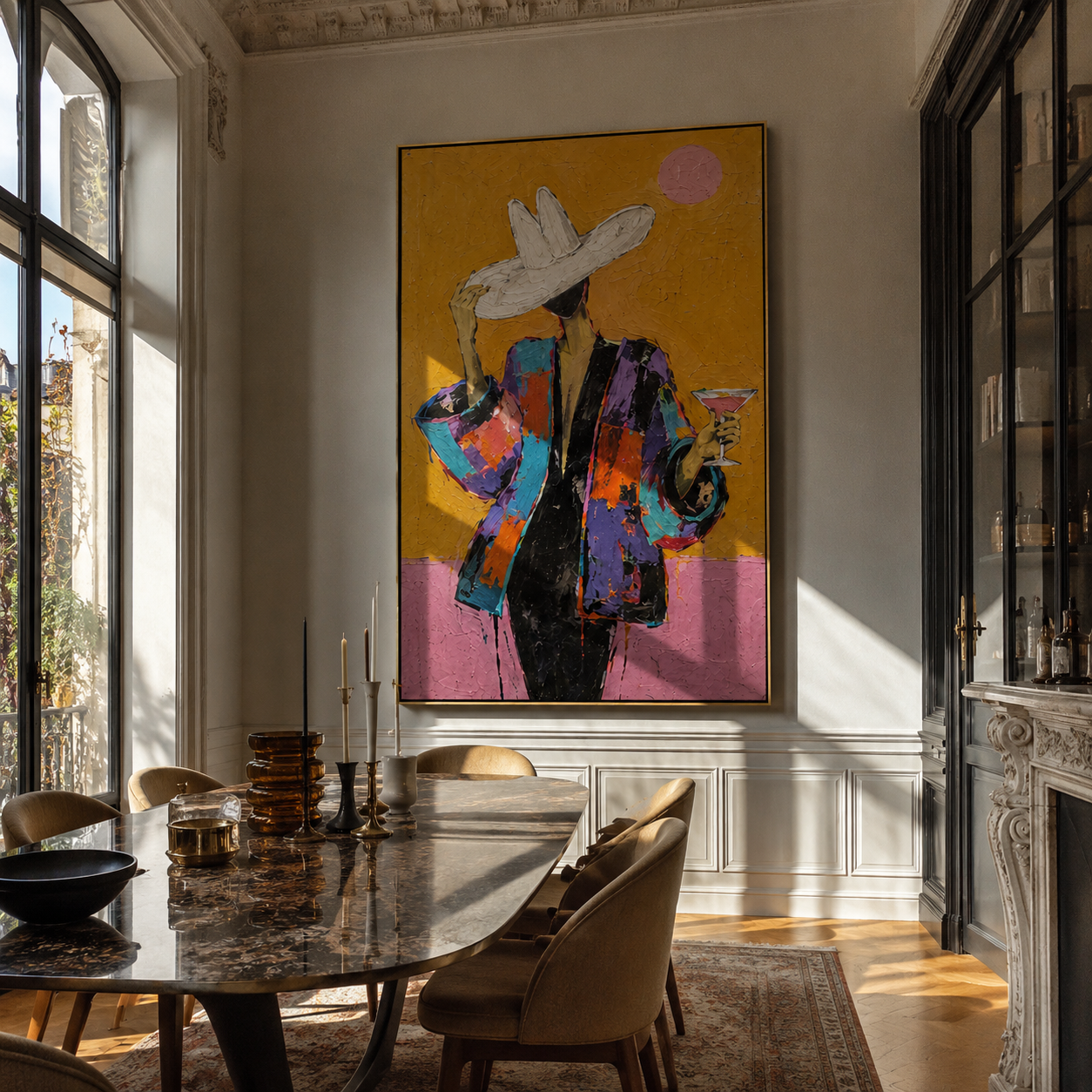 White Hat Raises Glass - colorful woman cocktail painting by Marcus Lau, retro modern vertical wall art – styled room scene view 4