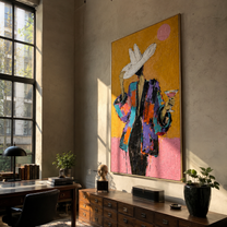 White Hat Raises Glass - colorful woman cocktail painting by Marcus Lau, retro modern vertical wall art – styled room scene view 5