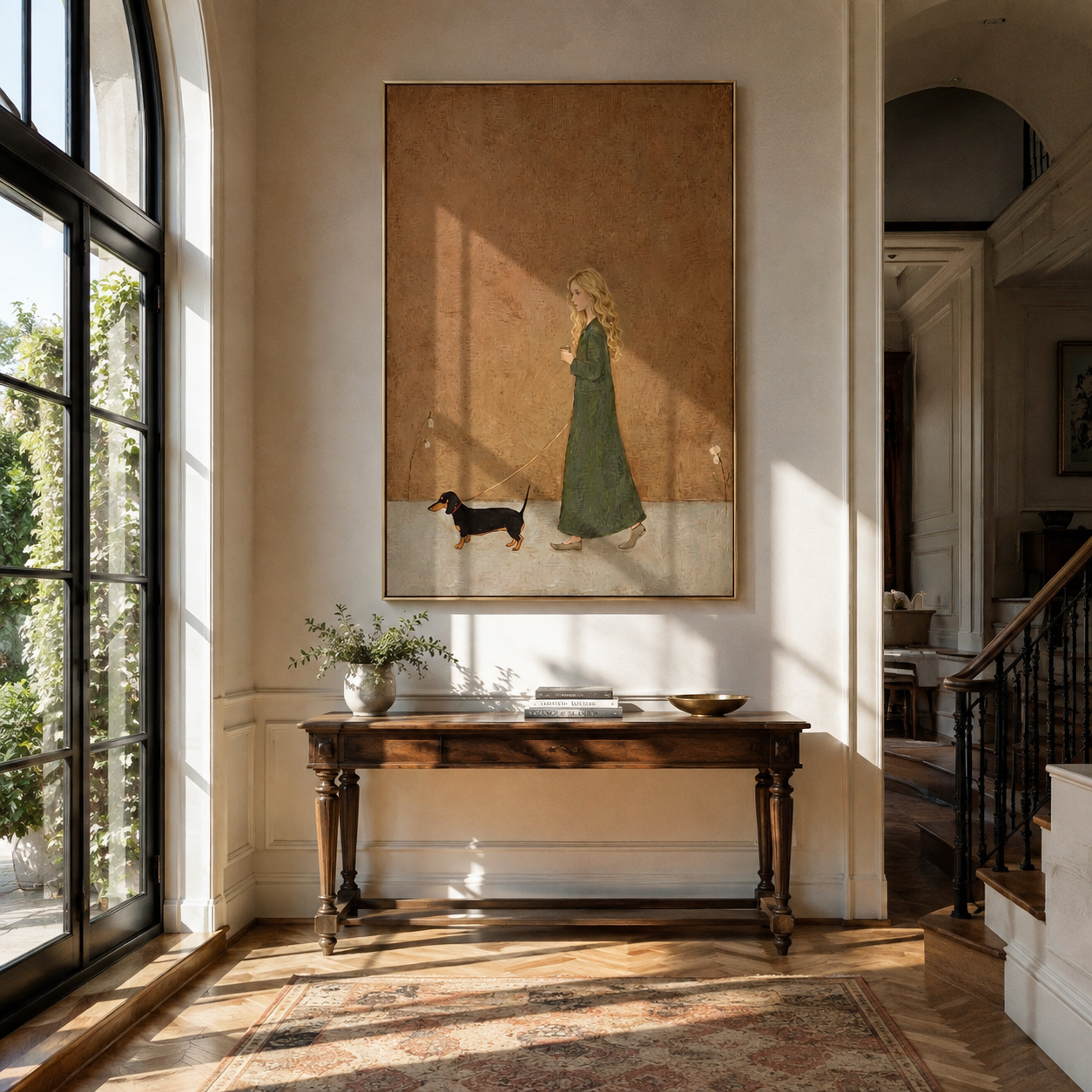 Small Dog Follows Green - woman walking dog painting by Marcus Lau, retro modern vertical wall art – styled room scene view 1
