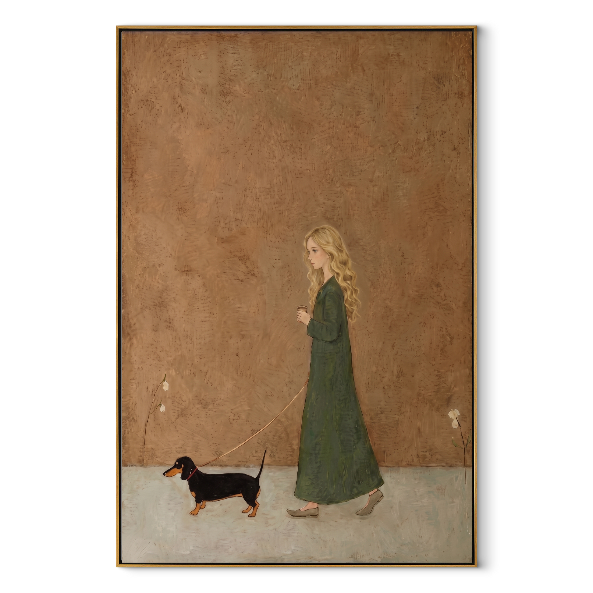 Small Dog Follows Green - woman walking dog painting by Marcus Lau, retro modern vertical wall art – wood frame on white background