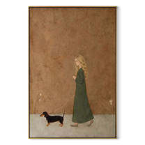 Small Dog Follows Green - woman walking dog painting by Marcus Lau, retro modern vertical wall art – wood frame on white background