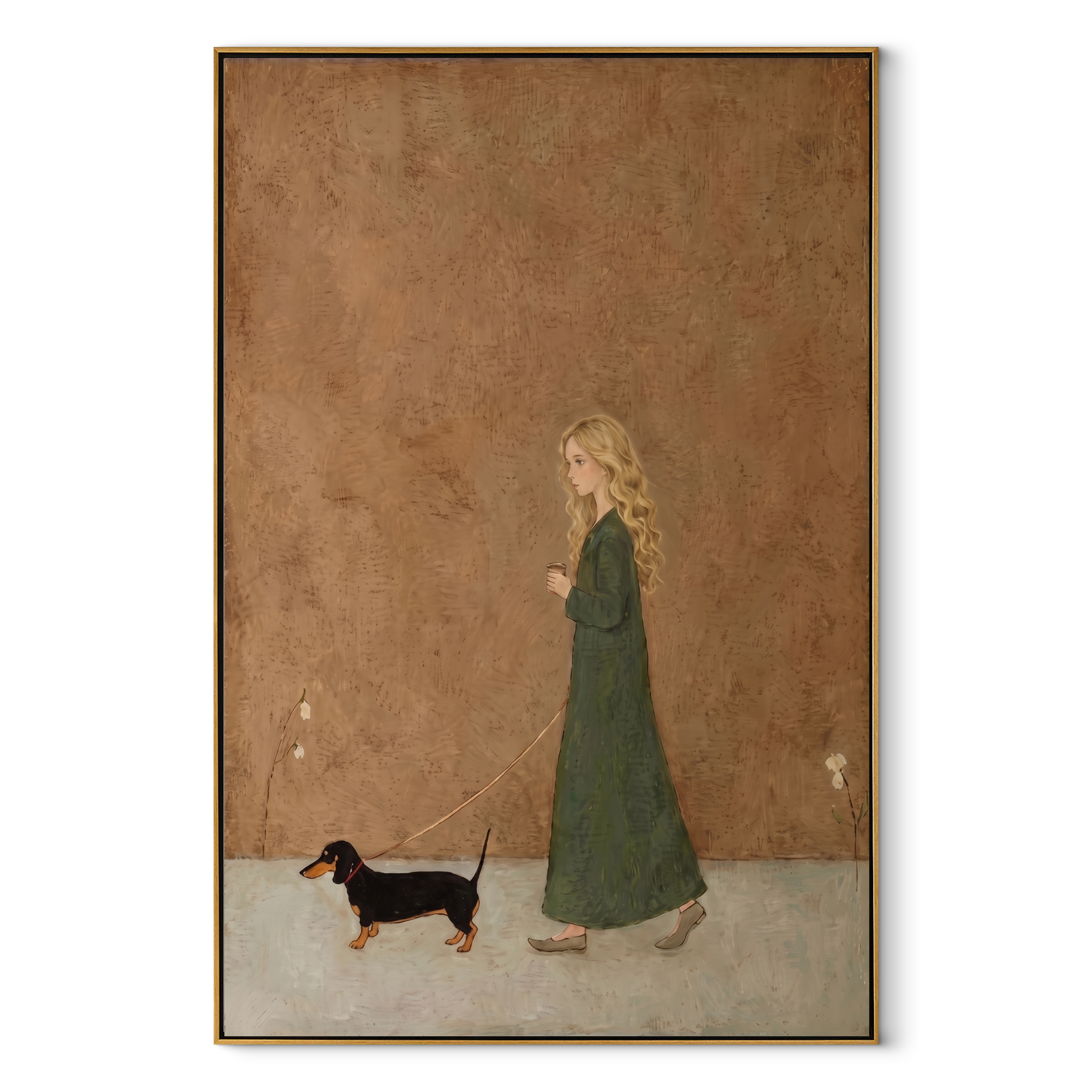 Small Dog Follows Green - woman walking dog painting by Marcus Lau, retro modern vertical wall art – wood frame on white background