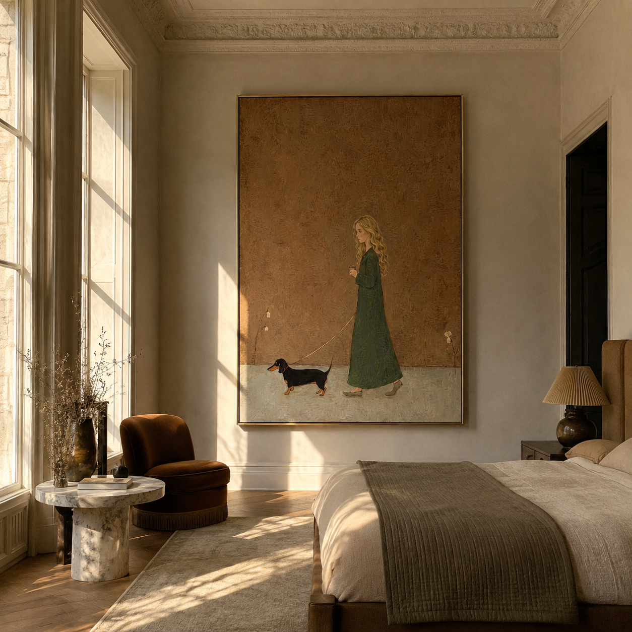 Small Dog Follows Green - woman walking dog painting by Marcus Lau, retro modern vertical wall art – styled room scene view 2