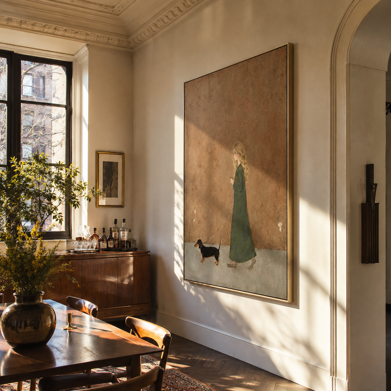 Small Dog Follows Green - woman walking dog painting by Marcus Lau, retro modern vertical wall art – styled room scene view 3