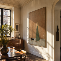 Small Dog Follows Green - woman walking dog painting by Marcus Lau, retro modern vertical wall art – styled room scene view 3