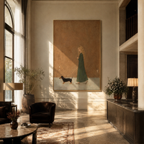 Small Dog Follows Green - woman walking dog painting by Marcus Lau, retro modern vertical wall art – styled room scene view 4