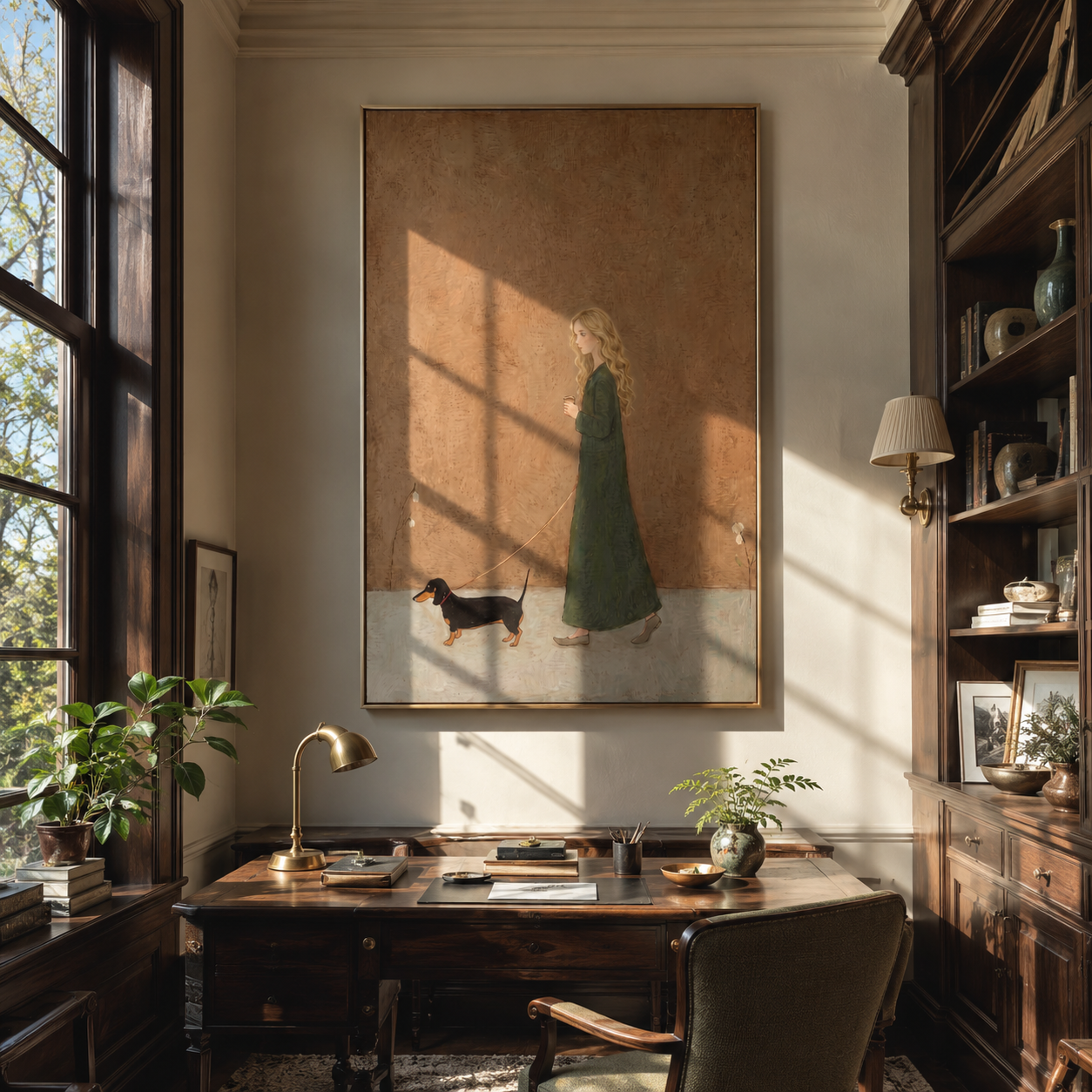 Small Dog Follows Green - woman walking dog painting by Marcus Lau, retro modern vertical wall art – styled room scene view 5