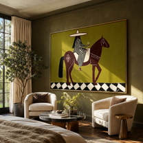Striped Rider Crosses Checkers - horse rider folk painting by Marcus Lau, retro modern horizontal wall art – styled room scene view 1