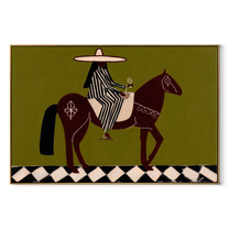 Striped Rider Crosses Checkers - horse rider folk painting by Marcus Lau, retro modern horizontal wall art – wood frame on white background