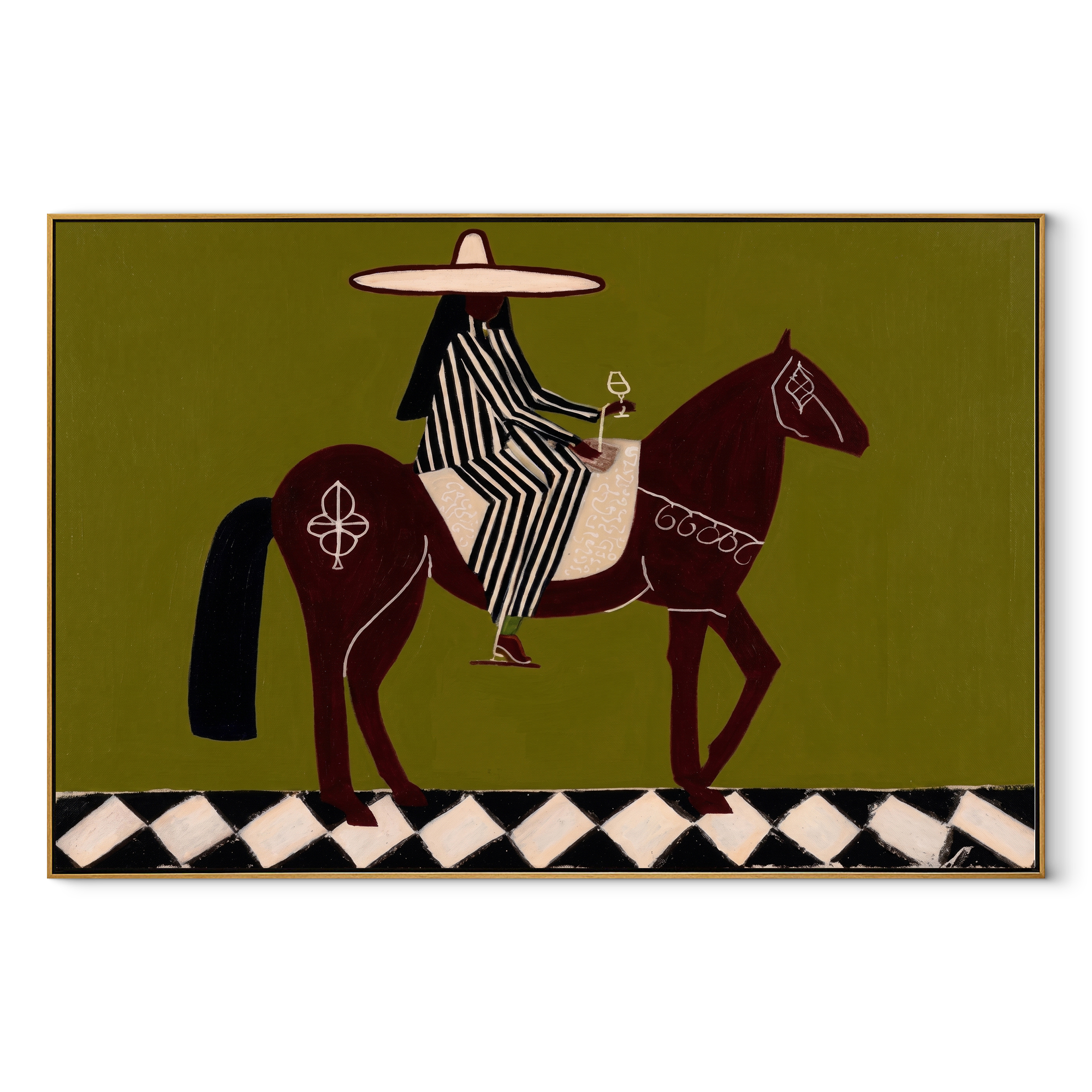 Striped Rider Crosses Checkers - horse rider folk painting by Marcus Lau, retro modern horizontal wall art – wood frame on white background