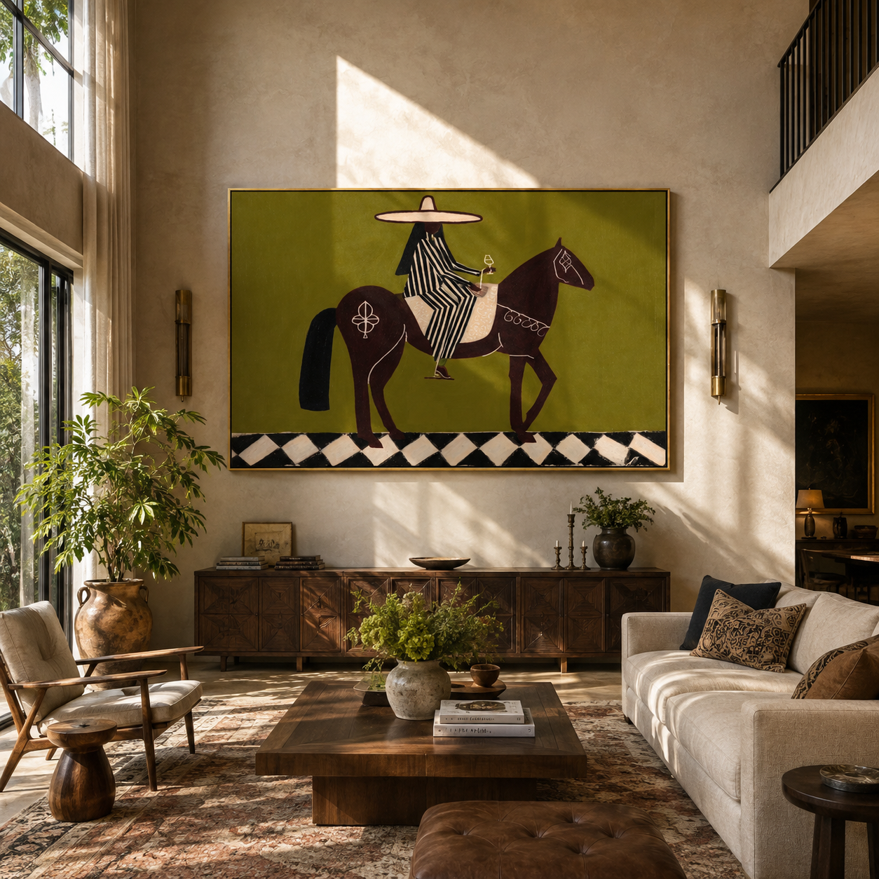 Striped Rider Crosses Checkers - horse rider folk painting by Marcus Lau, retro modern horizontal wall art – styled room scene view 2